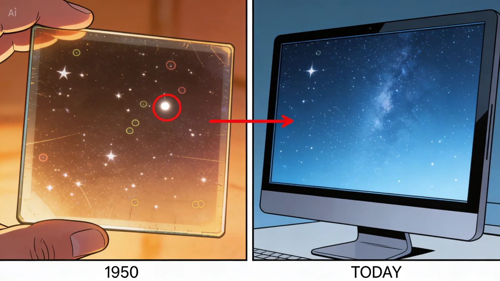 Split-frame comparison: a 1950s POSS-I red glass plate on the left with a single bright source circled in red ink, juxtaposed with a modern Pan-STARRS digital image on the right showing the same patch of sky — the circled source is gone.