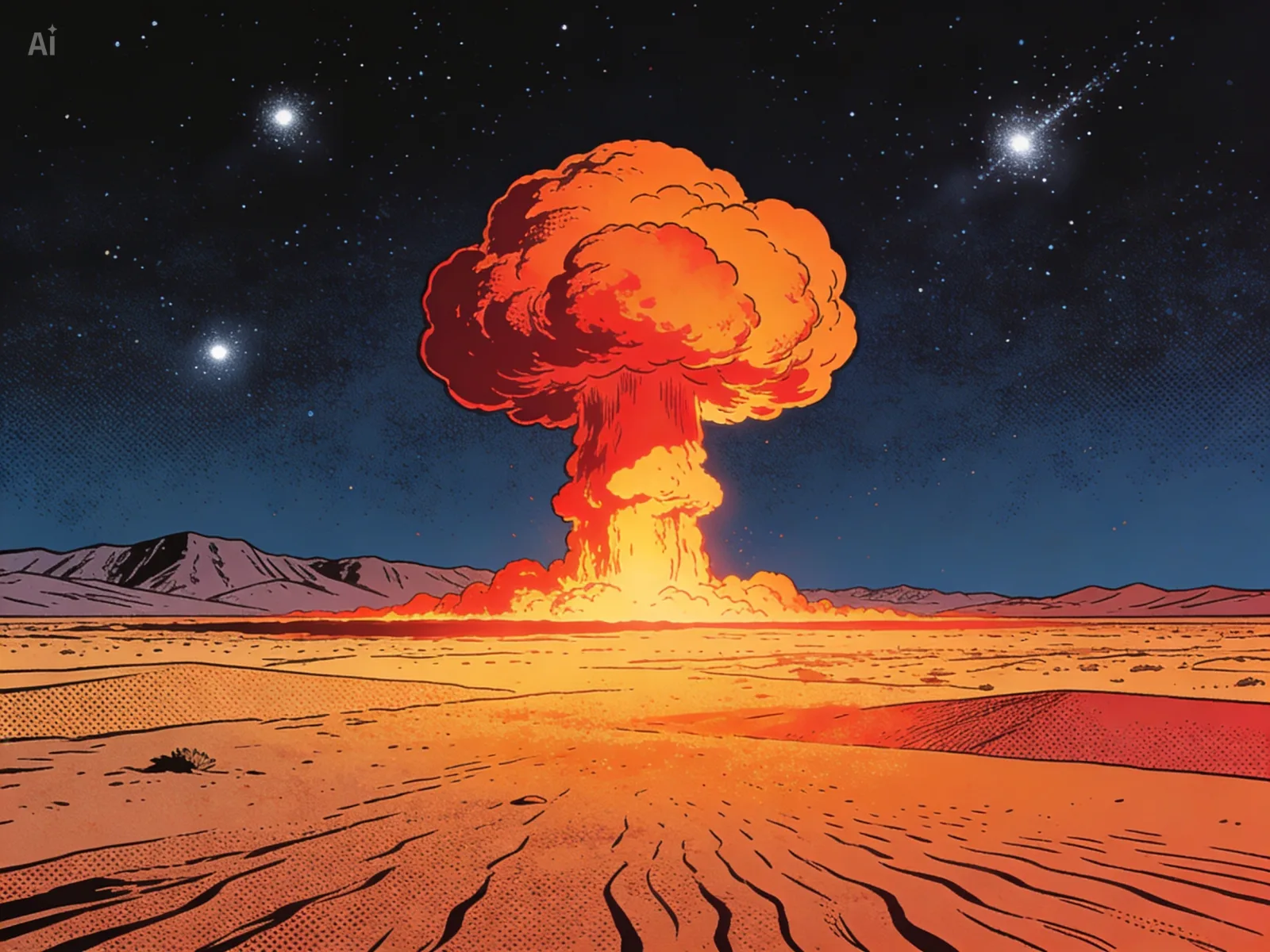A 1950s comic-style night scene: a vast mushroom cloud rising over the Nevada desert, glowing red and orange against a starlit sky. A bright streak in the upper right hints at a transient flash.