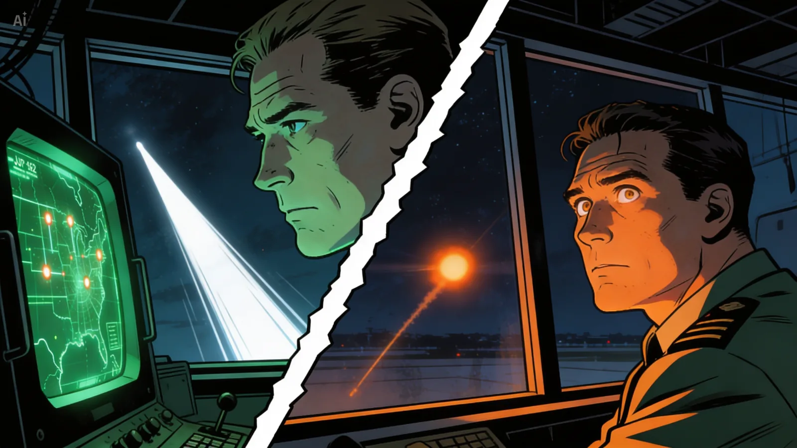 A two-scene 16:9 panel. Left: Senior controller Harry Barnes in profile, face lit green by the radar scope, watching the cluster of blips. Right: Airman William Brady in the Andrews tower, lit orange, eyes wide, watching what he describes as a ball of fire trailing a tail outside his window.