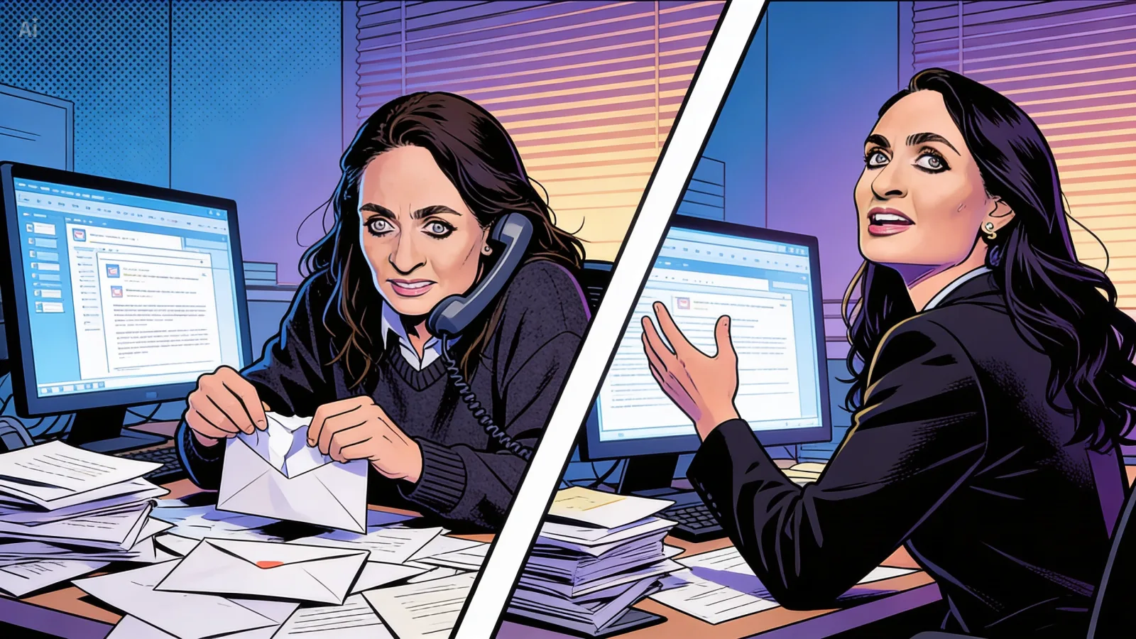 A two-scene 16:9 panel. Left: Beatriz Villarroel at her desk on the phone, opening one of many letters from press and colleagues stacked across her desk. Right: moments later in the same office, she has turned to her colleague, palm raised, animated — proposing the next move.