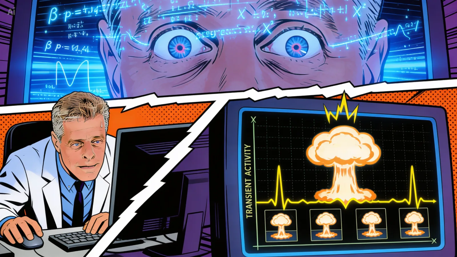 A dynamic comic-book montage of Stephen Bruehl analysing the transient data. Top: a close-up of his wide eyes behind glasses surrounded by floating equations and Greek letters. Bottom-left: Bruehl at his computer in his white lab coat. Bottom-right: a monitor showing a heartbeat-style line that spikes above four mushroom-cloud icons along the x-axis labelled TRANSIENT ACTIVITY.