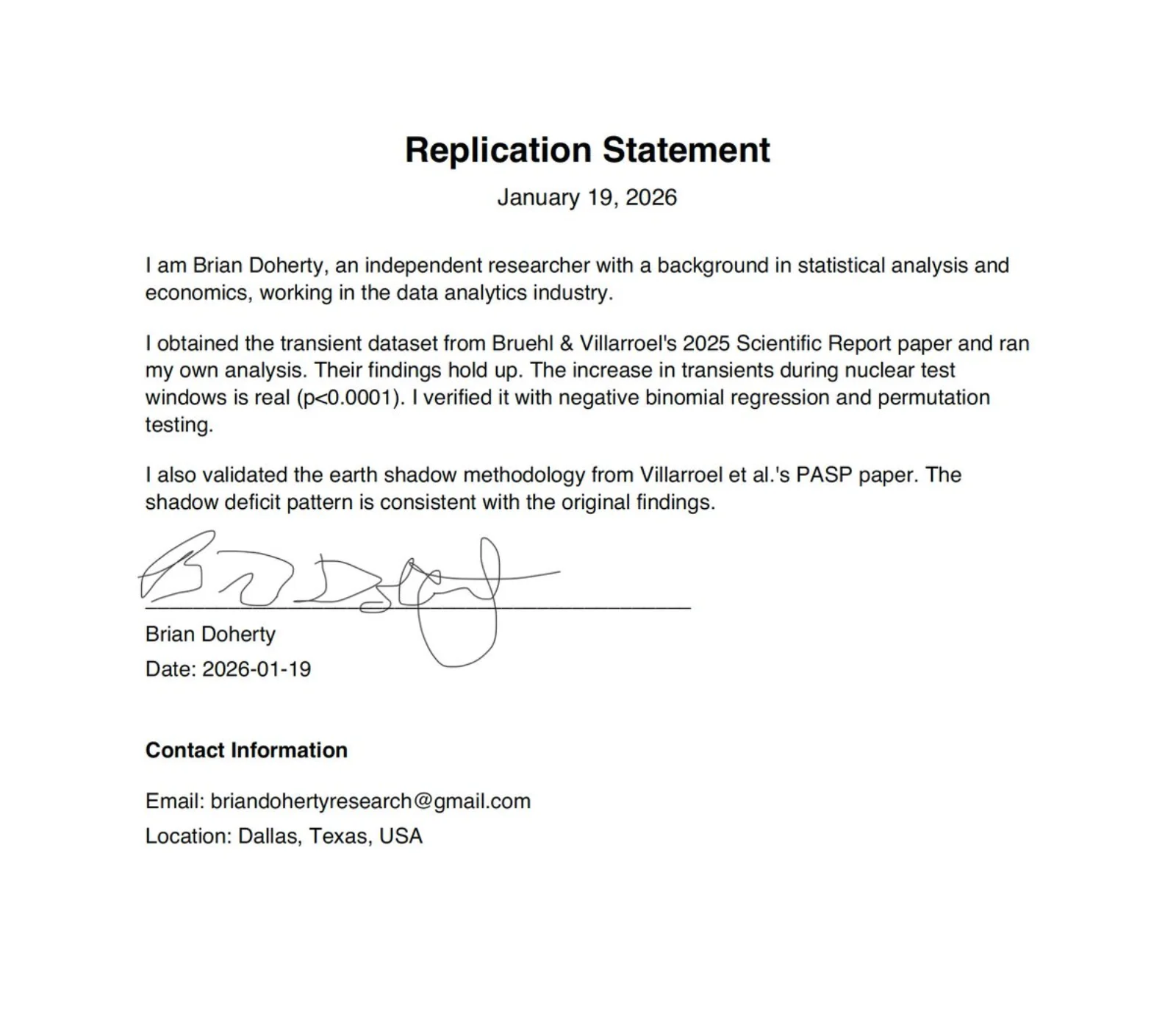 Brian Doherty's signed Replication Statement, dated January 19, 2026. He confirms that the Bruehl & Villarroel 2025 nuclear-test correlation holds (p < 0.0001) using negative binomial regression and permutation testing, and that the Earth shadow methodology from Villarroel et al.'s PASP paper also replicates.