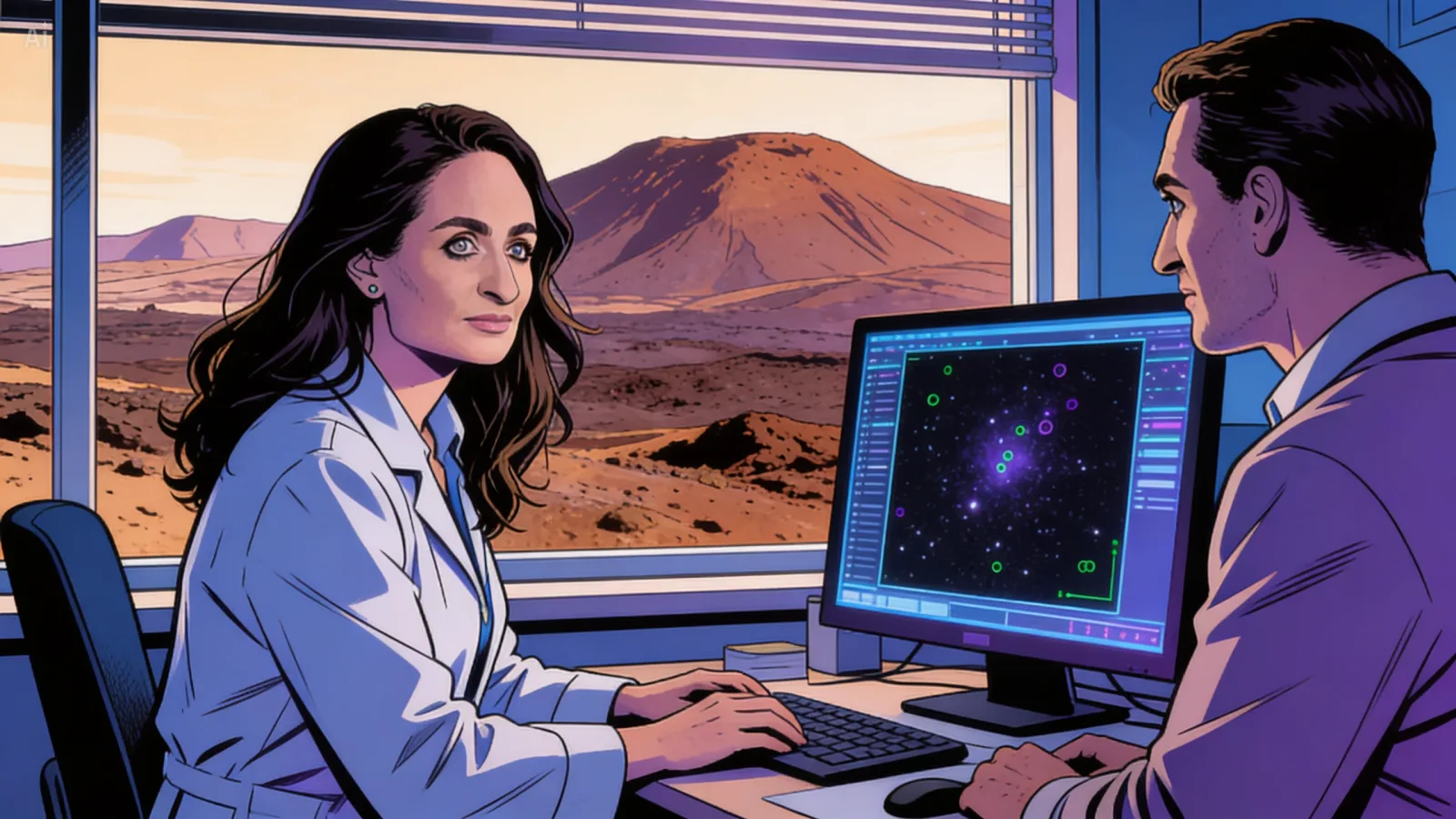 Beatriz Villarroel at her desk at the Instituto de Astrofísica de Canarias in Tenerife, late February 2020. On her screen: the digitized scan of Plate XE 325 from Palomar.