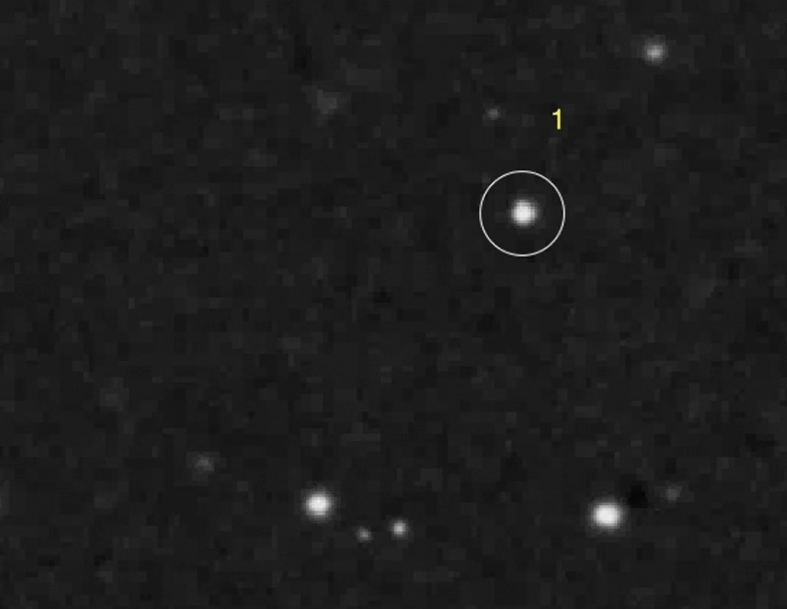 Plate cutout from POSS-I red plate XE 325 showing transient #1, circled in white, on a dark sky field. Other faint stars are visible.