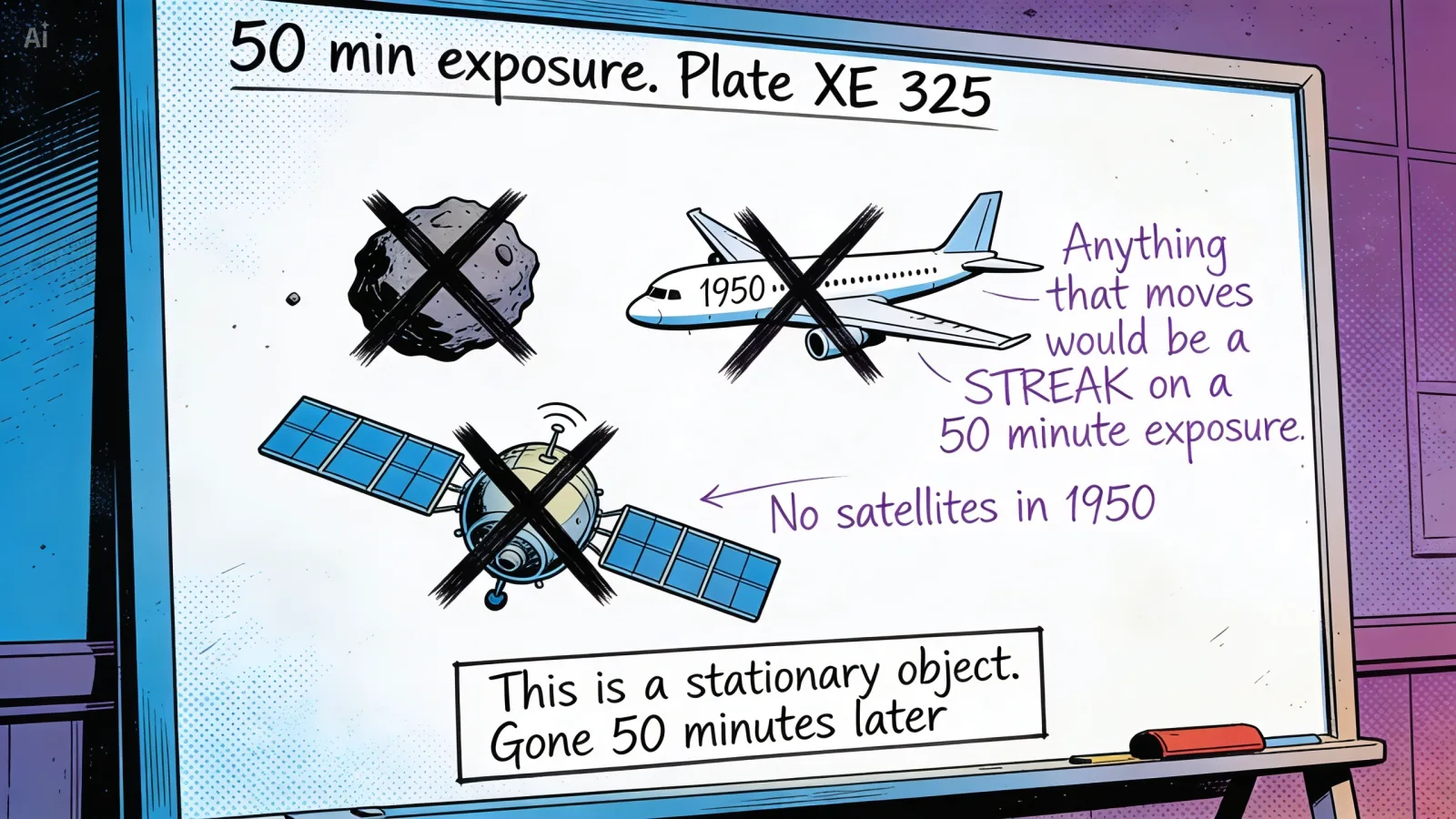 Beatriz Villarroel at a whiteboard, ruling out conventional explanations for the nine transients on Plate XE 325. She demonstrates that moving objects (planes, asteroids, satellites) would leave streaks across a 50-minute exposure, not the round pinpoint dots actually observed.