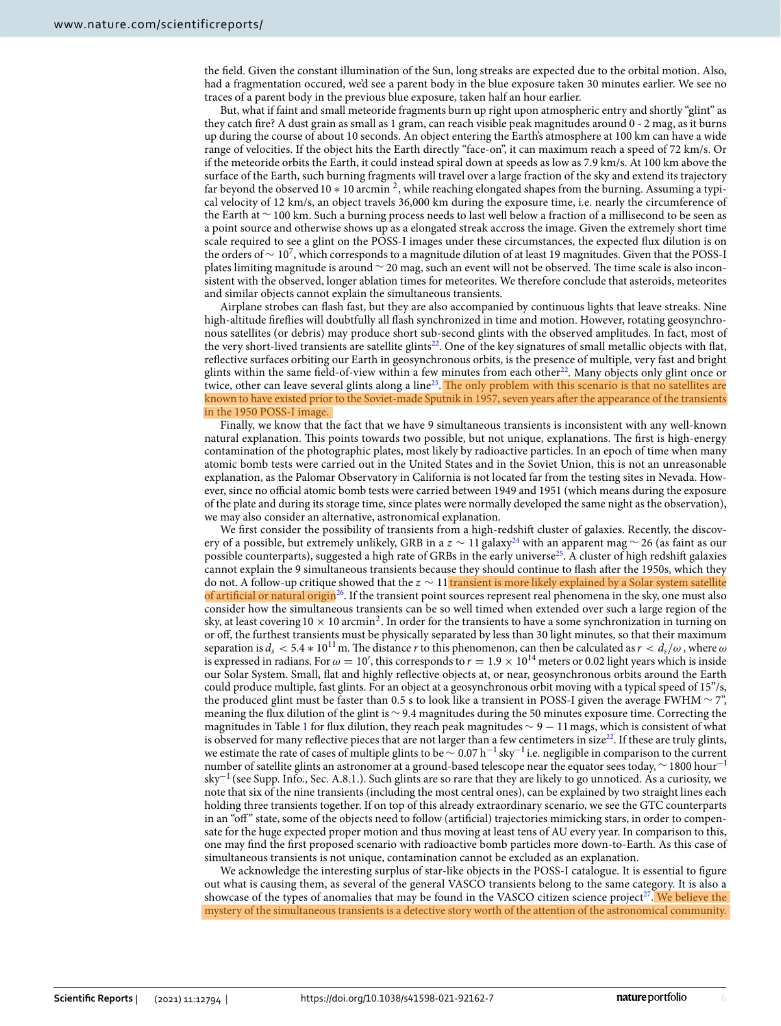 Page 6 of Villarroel et al. 2021 with three key passages highlighted in yellow: 'no satellites are known to have existed prior to the Soviet-made Sputnik in 1957, seven years after the appearance of the transients'; '...more likely explained by a Solar system satellite of artificial or natural origin'; and the closing line calling the mystery a 'detective story worth the attention of the astronomical community.'