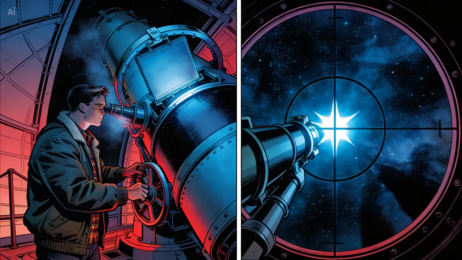 Split screen: George Abell at the guide telescope controls on the left in his bomber jacket, the crosshair view through the eyepiece showing a centered star on the right
