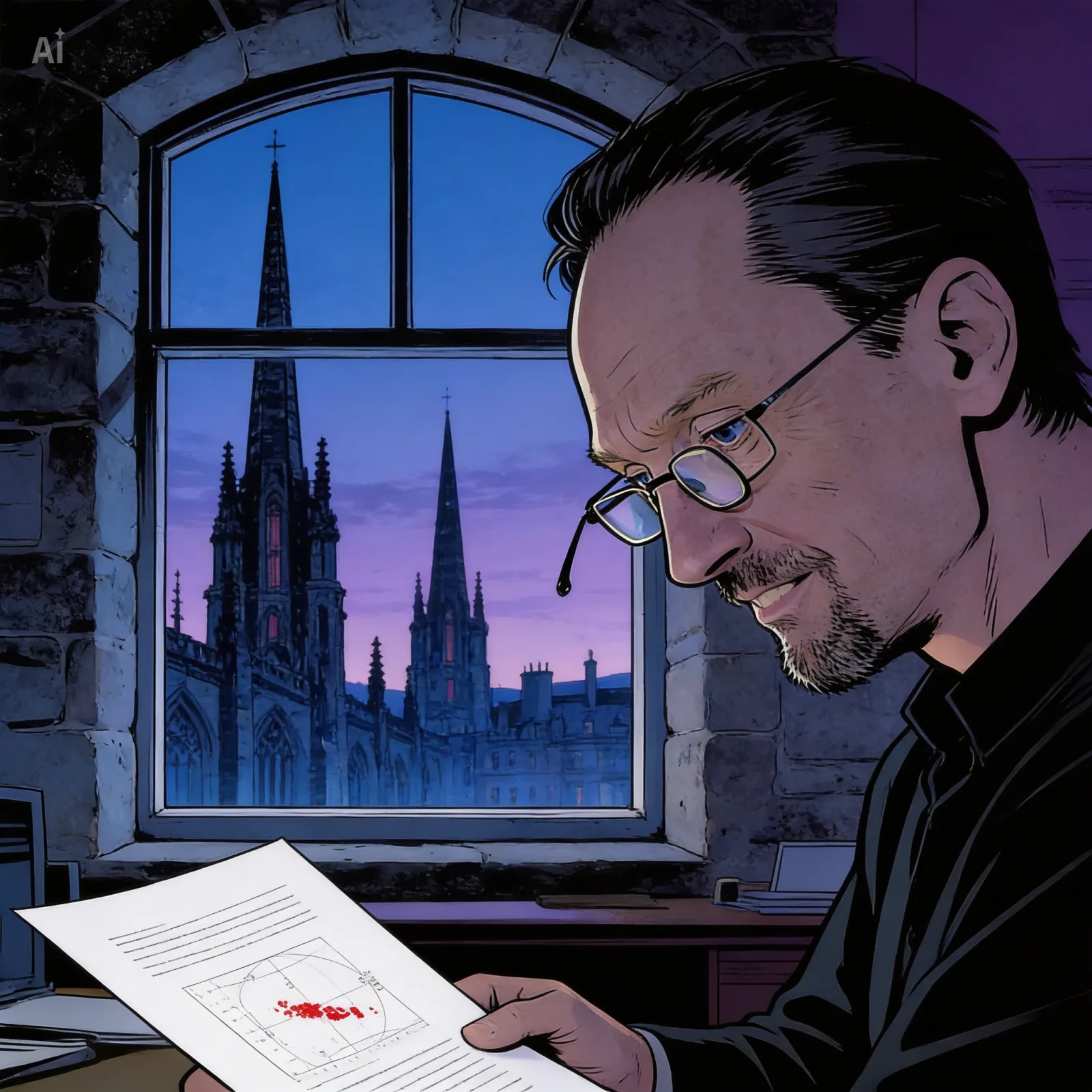 Dr. Nigel Hambly in his office at the Royal Observatory Edinburgh, looking down at a printout showing the all-sky shadow-test scatter plot. The spires of Edinburgh and a deep purple sky fill the stone-framed window behind him.