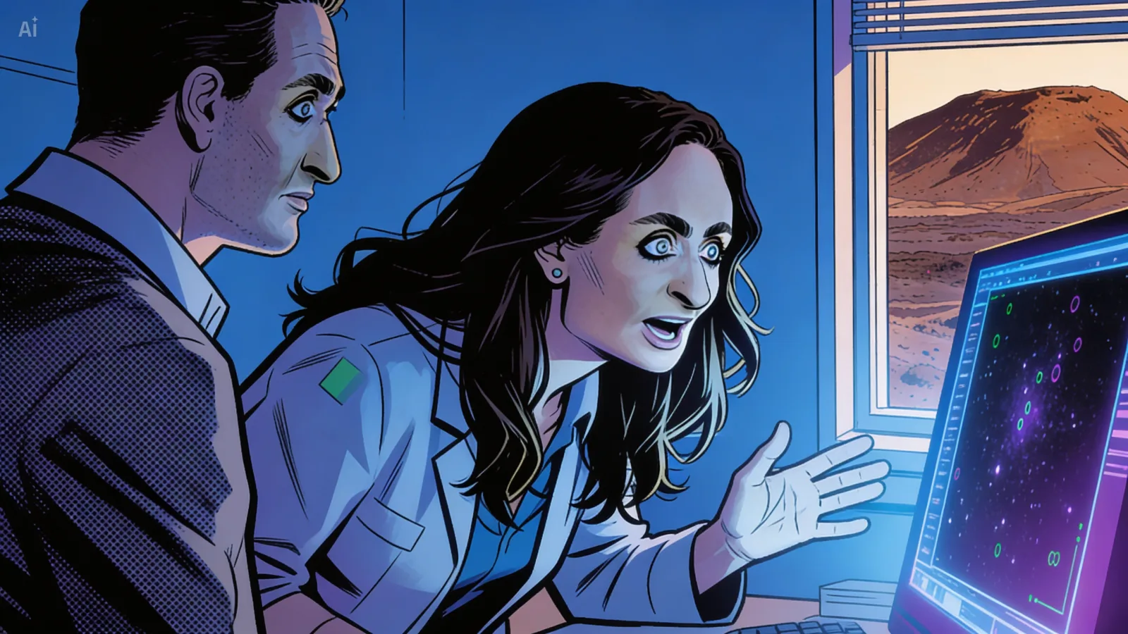 Beatriz Villarroel turning back over her shoulder to her office mate, animated, the moment of 'we've found something'. The monitor behind her still glows with the nine pinpoints.