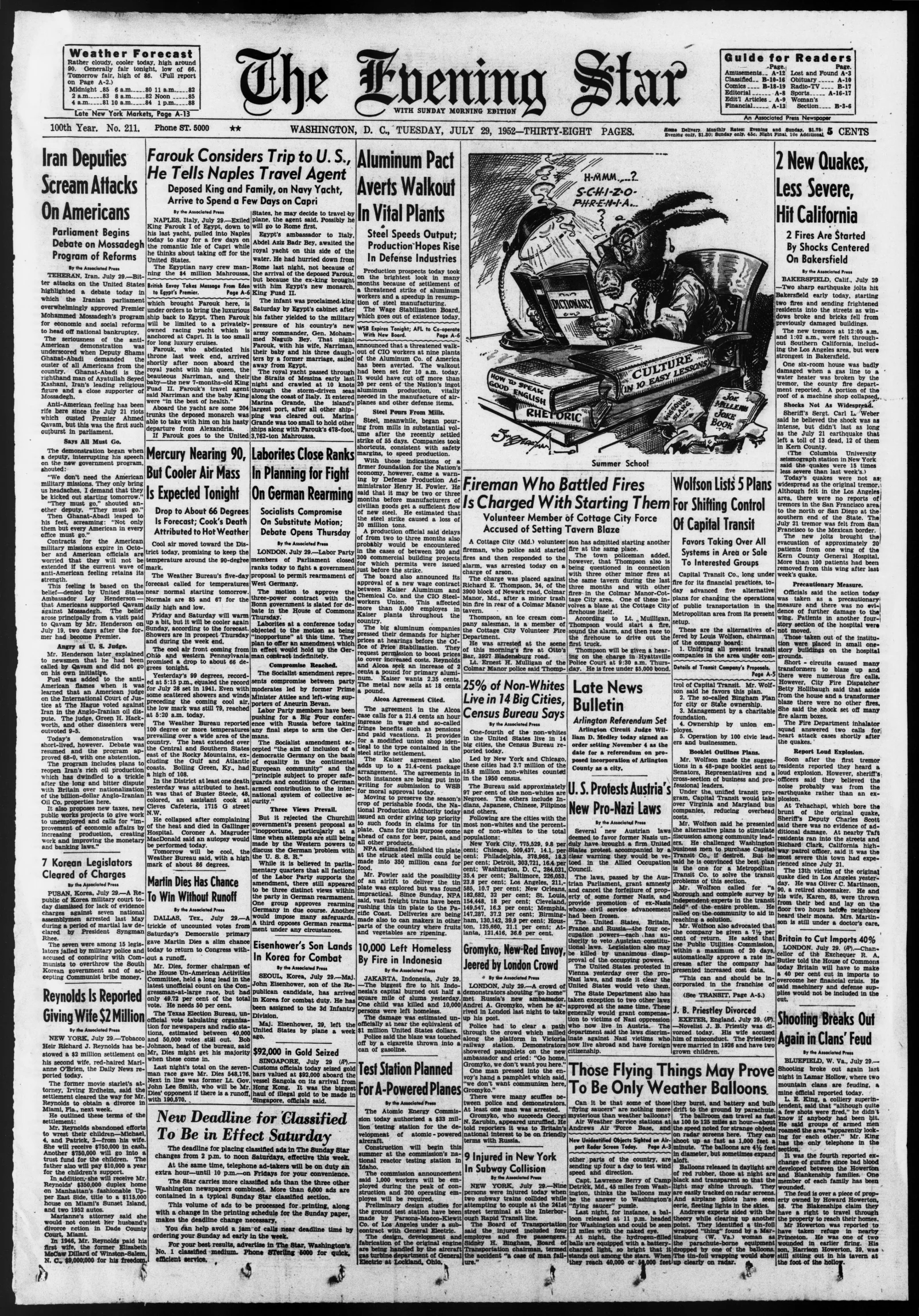 The full front page of The Evening Star, Washington D.C., Tuesday July 29, 1952. Lead stories cover the Democratic convention loyalty rule and Iran. Lower right: a story headlined 'Those Flying Things May Prove To Be Only Weather Balloons,' the Air Force's response to the Washington UFO sightings of the previous weekend.