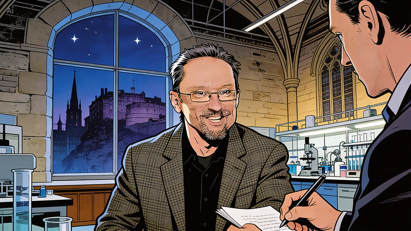 Dr. Nigel Hambly in his laboratory at the Royal Observatory Edinburgh, looking directly at the camera. He wants the VASCO team to be right but he suspects they are wrong.