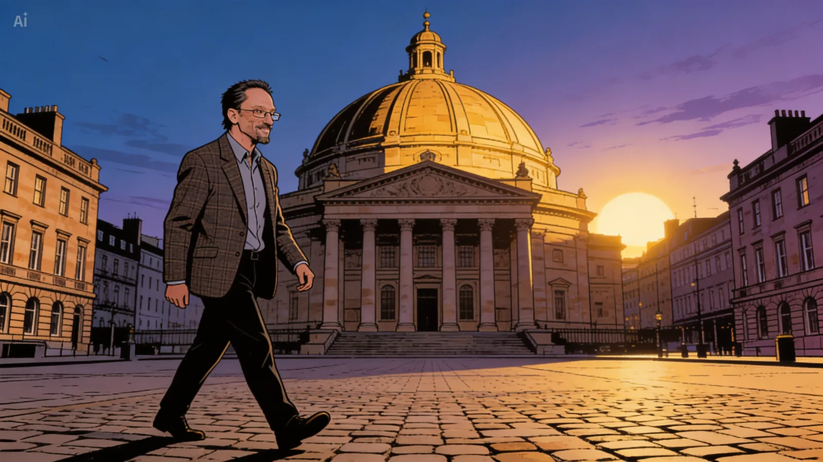 Dr. Nigel Hambly walking across Bristo Square in front of the iconic dome of McEwan Hall, University of Edinburgh, at dusk. The sandstone dome and copper-green roof of McEwan Hall are lit by a low golden sun.