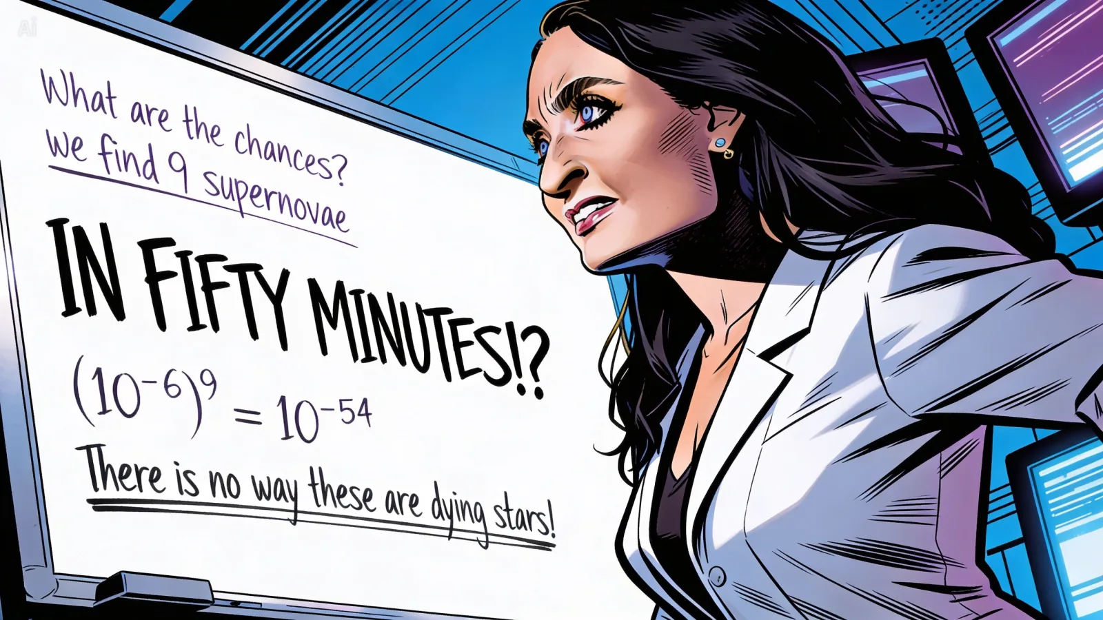 Beatriz Villarroel at a whiteboard, working out the probability that the nine transients on Plate XE 325 could be nine simultaneous supernovae. The calculation arrives at one in ten to the fifty-fourth — effectively zero. Conclusion: these are not the vanishing stars she came looking for.