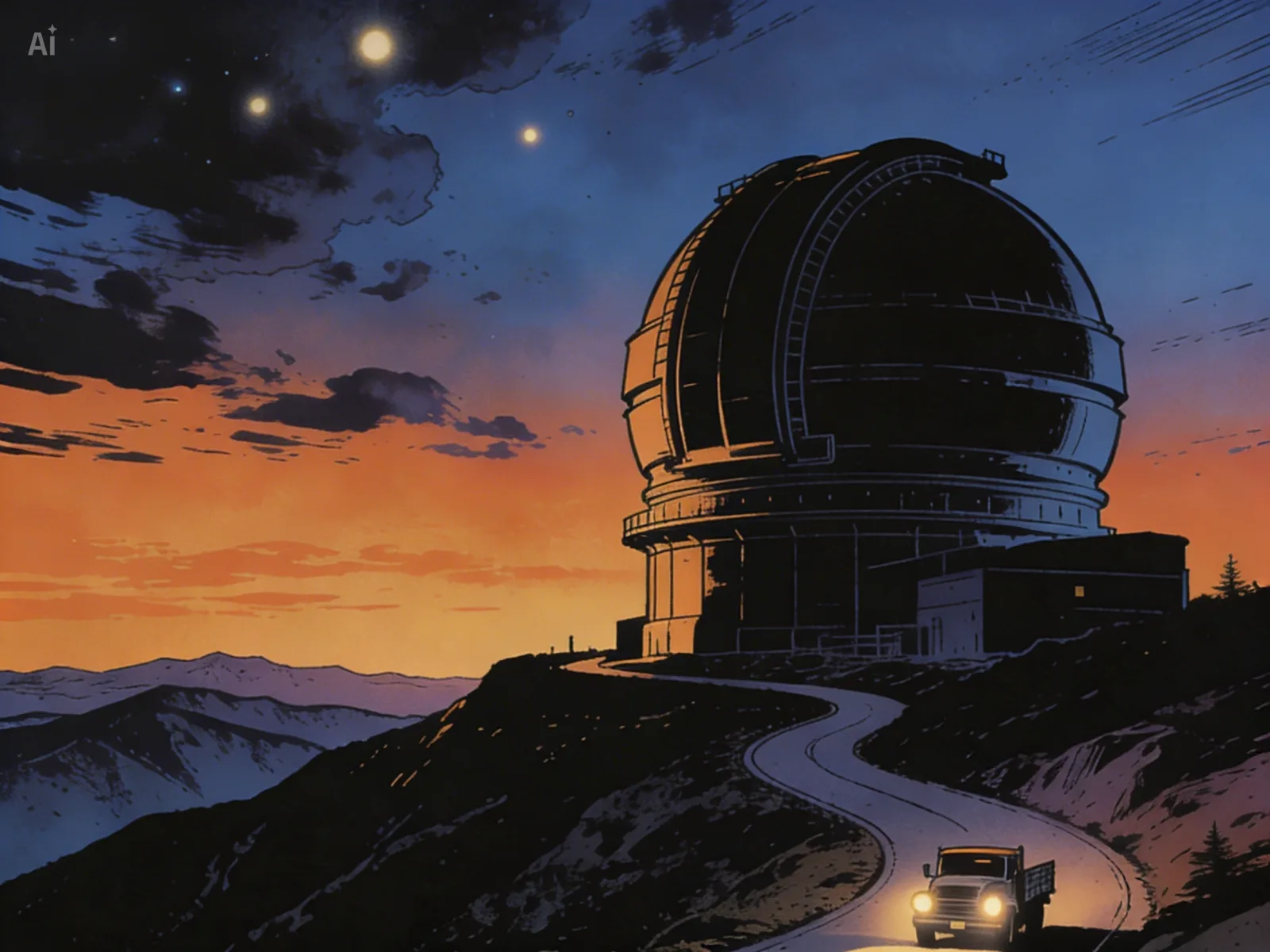 Comic-style illustration of Palomar Observatory at twilight, 1950. A truck climbs the winding mountain road toward the silhouetted dome.