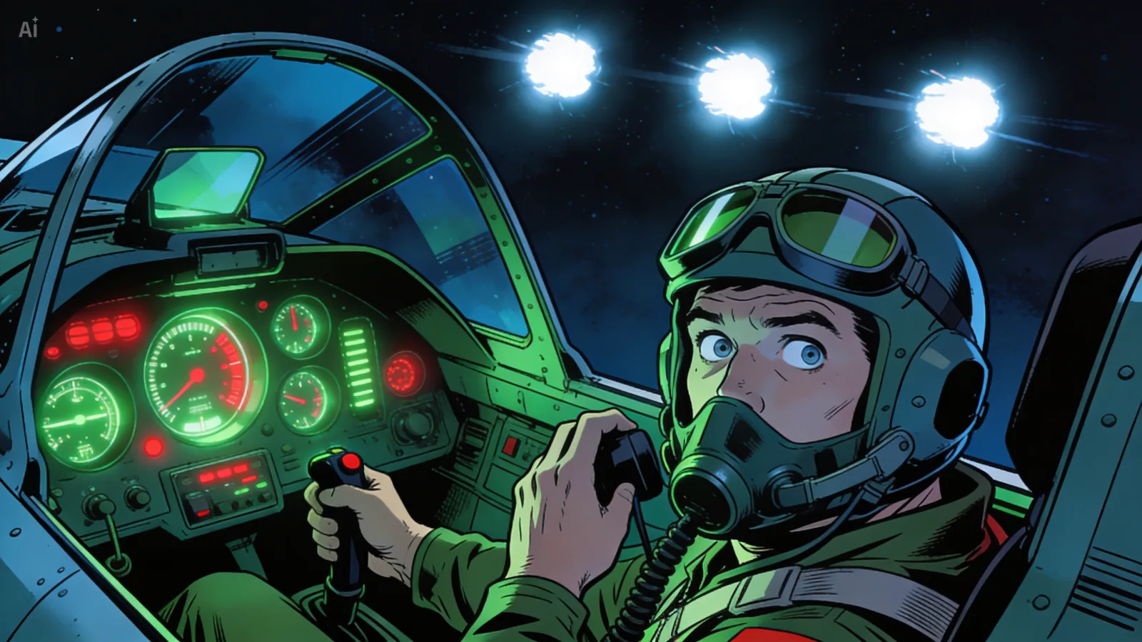 The cockpit of an F-94 Starfire at night. Lt. William Patterson, helmet and oxygen mask on, eyes wide, hand on the stick. Through the canopy: three bright white glows hovering. Cockpit instruments lit green and red.