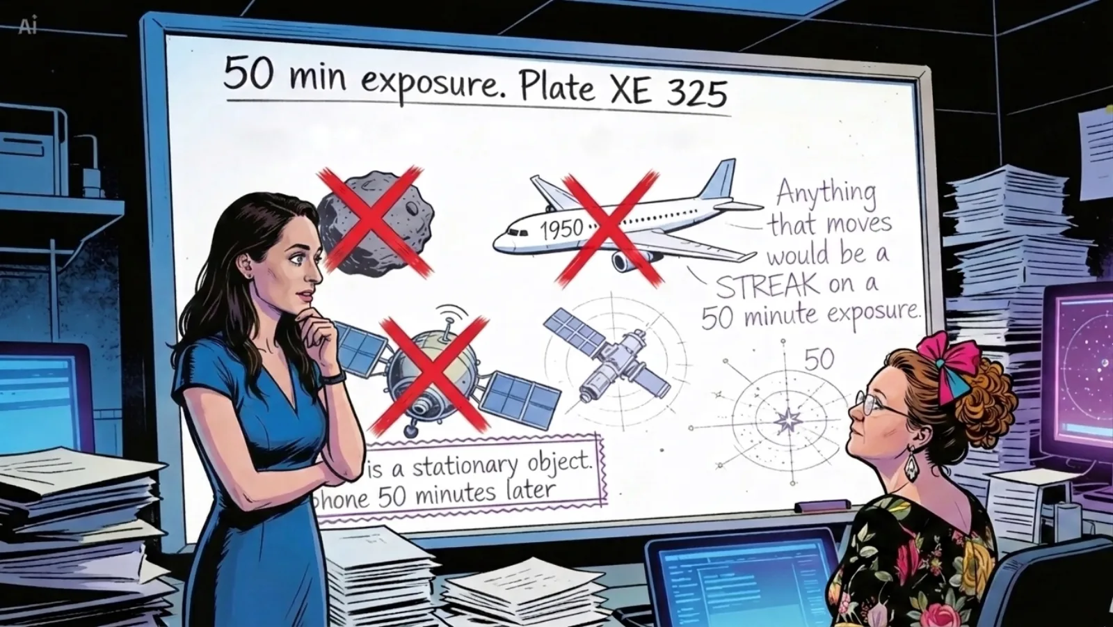 Beatriz Villarroel at a whiteboard, ruling out conventional explanations for the nine transients on Plate XE 325. She demonstrates that moving objects (planes, asteroids, satellites) would leave streaks across a 50-minute exposure, not the round pinpoint dots actually observed.