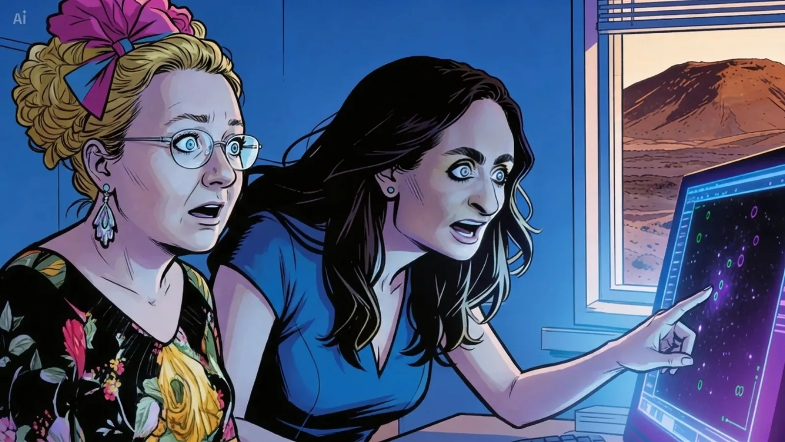 Beatriz Villarroel turning back over her shoulder to her office mate, animated, the moment of 'we've found something'. The monitor behind her still glows with the nine pinpoints.