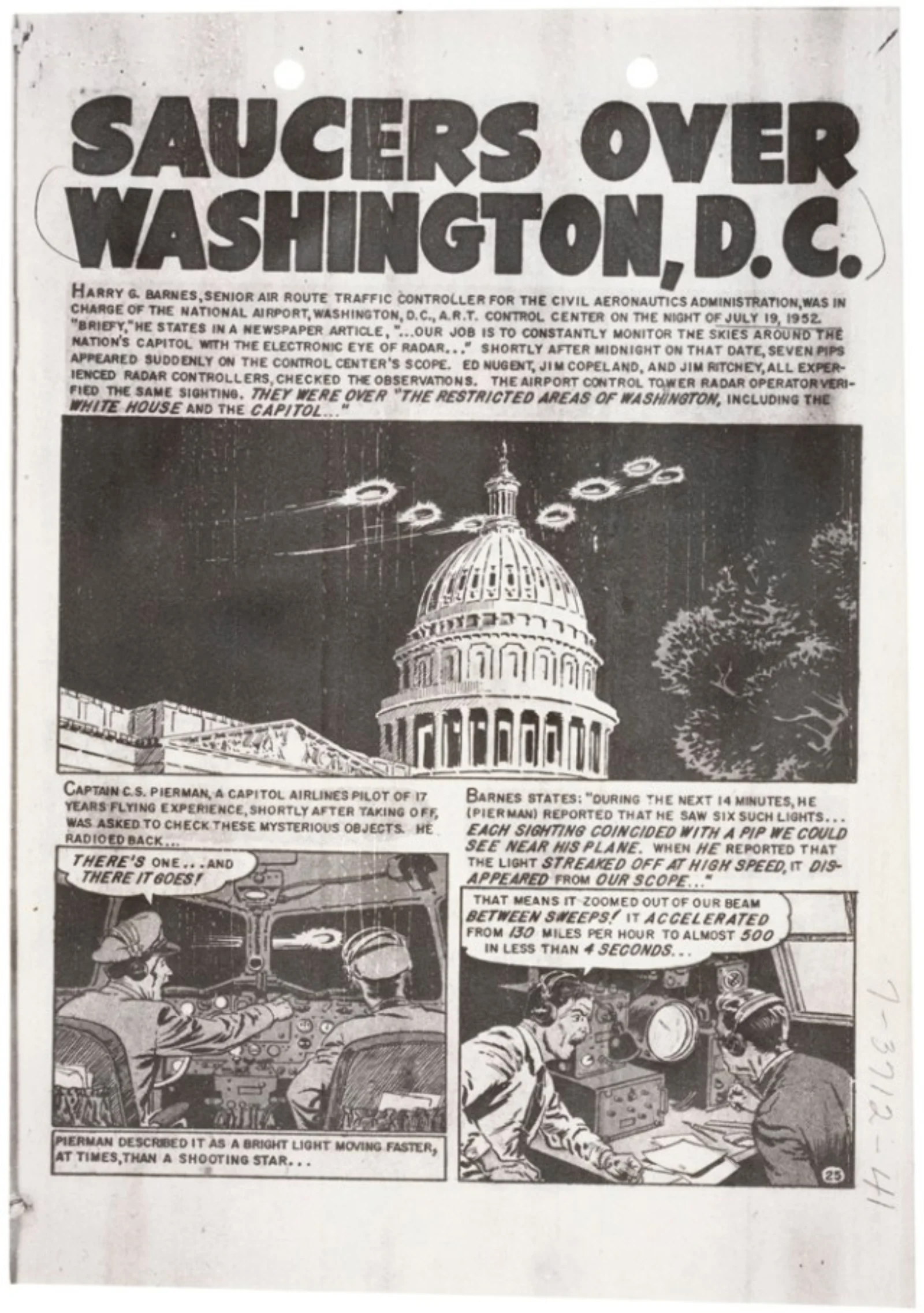A 1952 news-strip comic from the National Archives, titled 'Saucers over Washington, D.C.'. Multiple flying saucers drawn above the U.S. Capitol dome. Below: Captain C.S. Pierman in his airliner cockpit ('There's one... and there it goes!') and Harry Barnes at the radar describing the objects accelerating from 130 mph to nearly 500 mph in under 4 seconds.