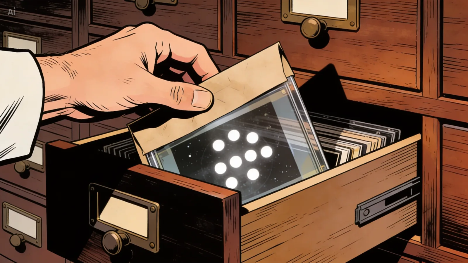 A hand slides a glass photographic plate into a wooden archive drawer. Faintly visible on the plate: nine bright pinpoints clustered in a triangle. The drawer is one of hundreds in a wall of identical drawers. The image will sit there, unread, for seven decades.