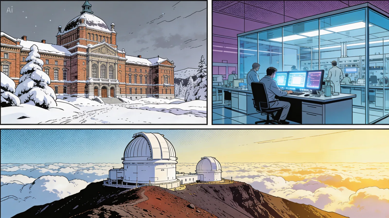 Three-panel montage of Beatriz Villarroel's research journey: Uppsala University in winter snow; ETH Zurich modern glass laboratory; Instituto de Astrofísica de Canarias — white telescope domes above the clouds on Tenerife.