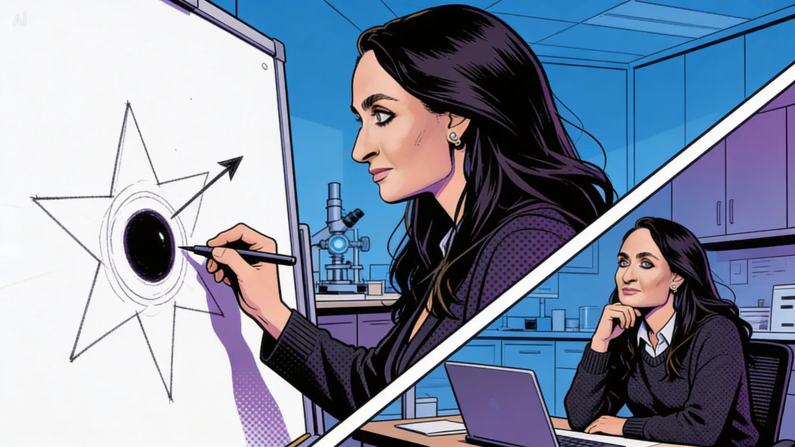 Beatriz Villarroel at the whiteboard in her NORDITA office in Stockholm, deep in thought. She is sketching a diagram: a star with an arrow pointing into a black hole — no supernova, no explosion, just vanished.